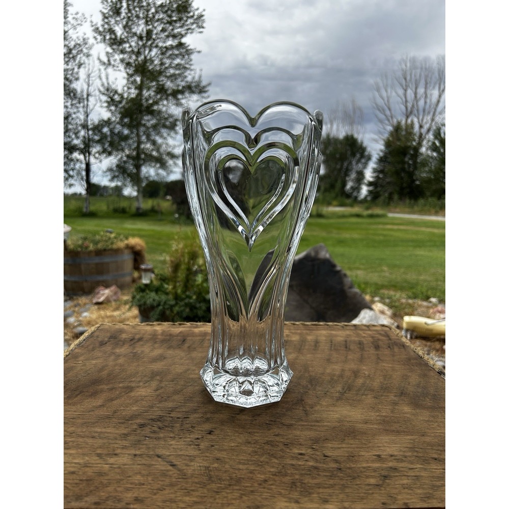 Large Clear Glass Vase 11" Raised Hearts Heavy Crystal Style